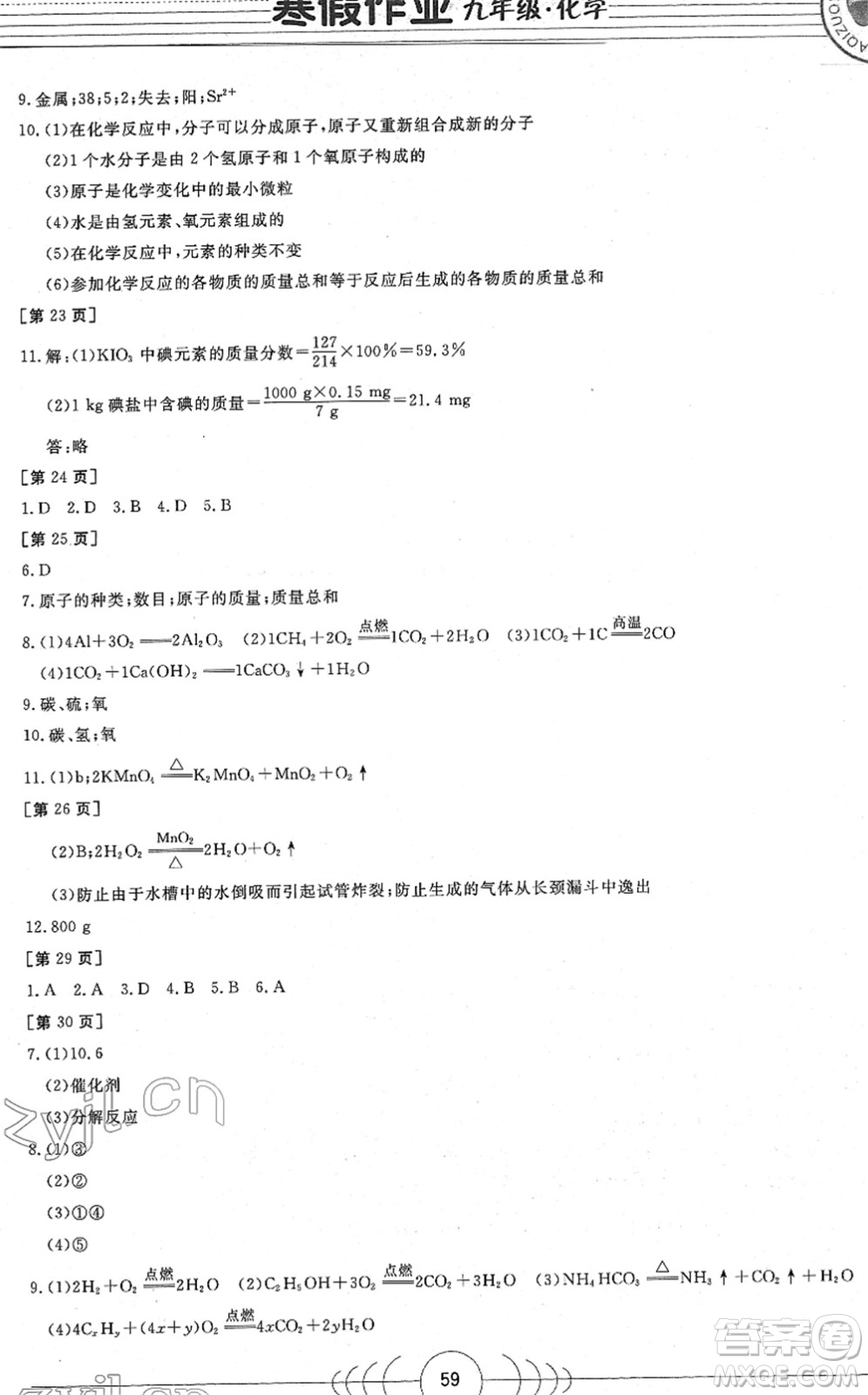 華中科技大學(xué)出版社2022寒假作業(yè)九年級化學(xué)人教版答案