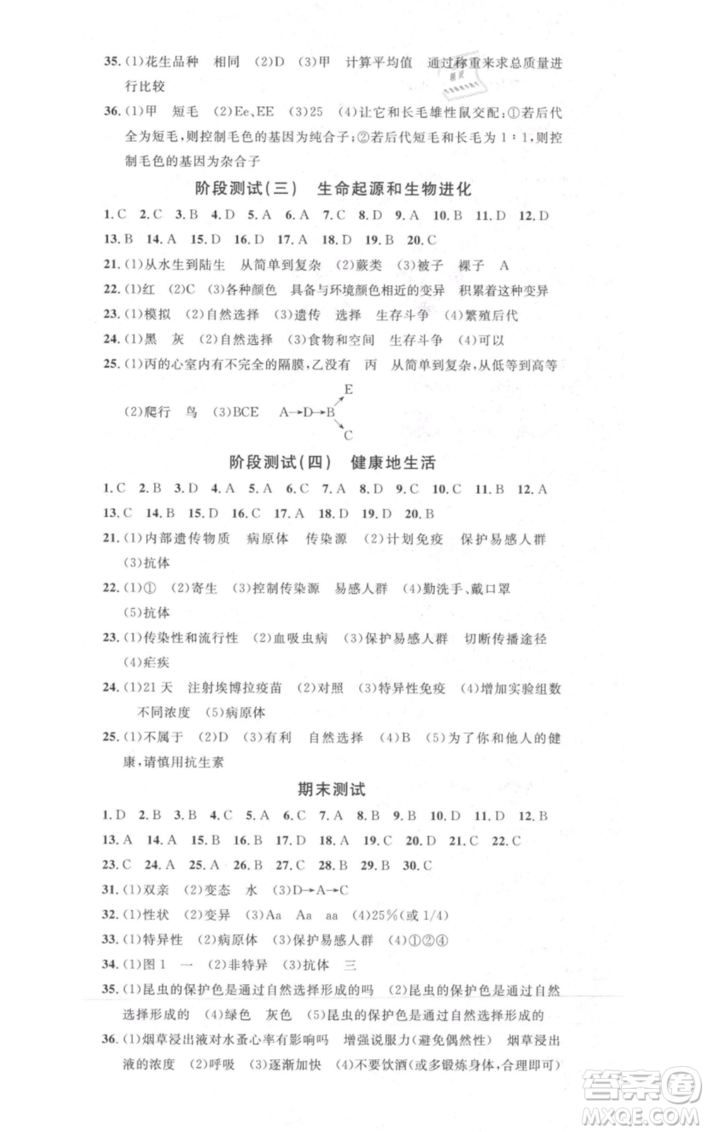 中國地圖出版社2022名校課堂期末復習八年級生物下冊人教版湖北三市專版參考答案