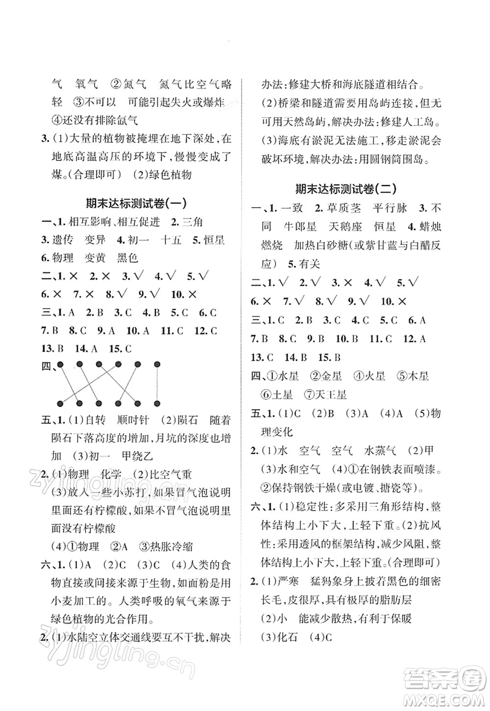 陜西師范大學(xué)出版總社2022PASS小學(xué)學(xué)霸作業(yè)本六年級(jí)科學(xué)下冊JK教科版答案