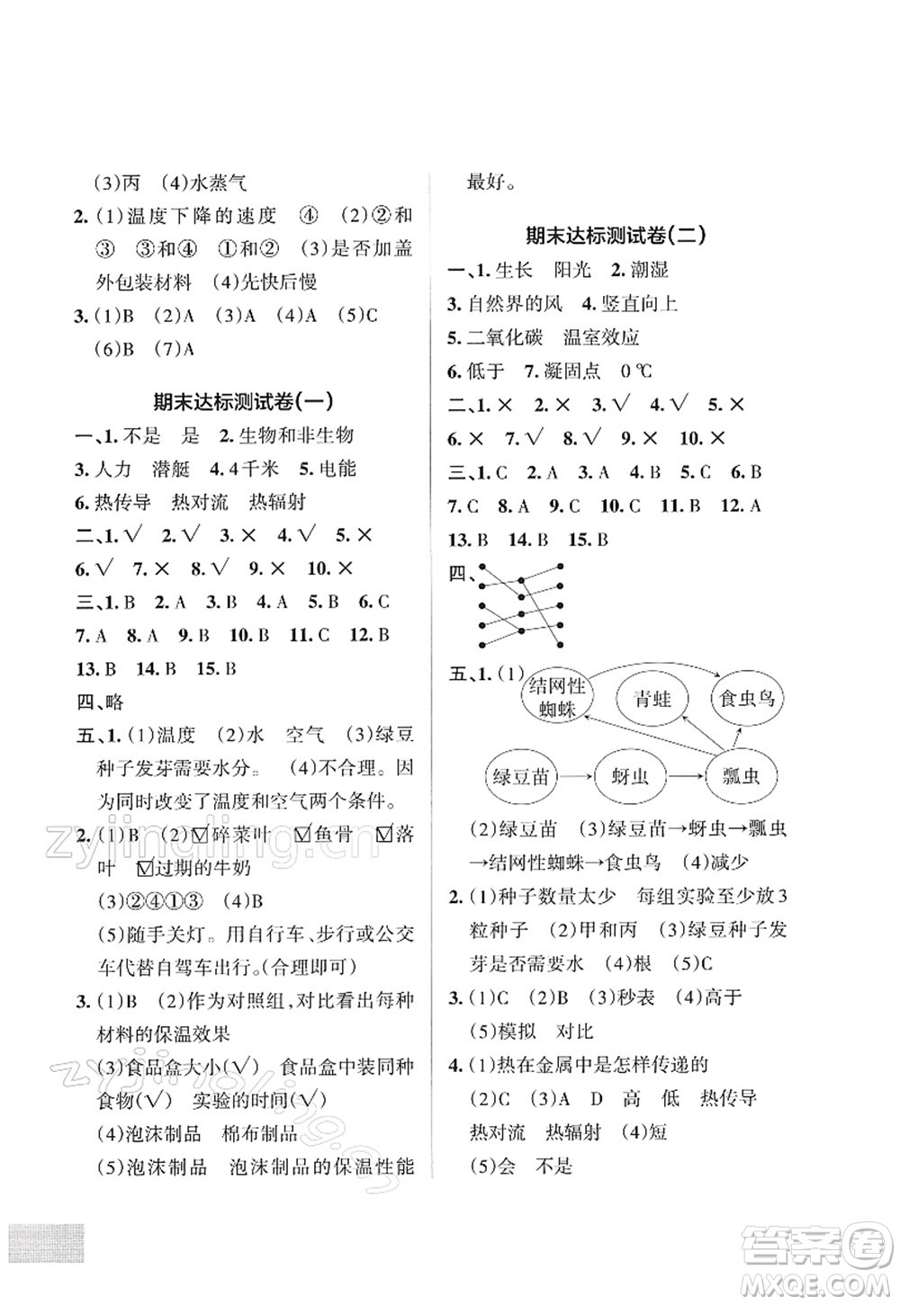 陜西師范大學出版總社2022PASS小學學霸作業(yè)本五年級科學下冊JK教科版答案