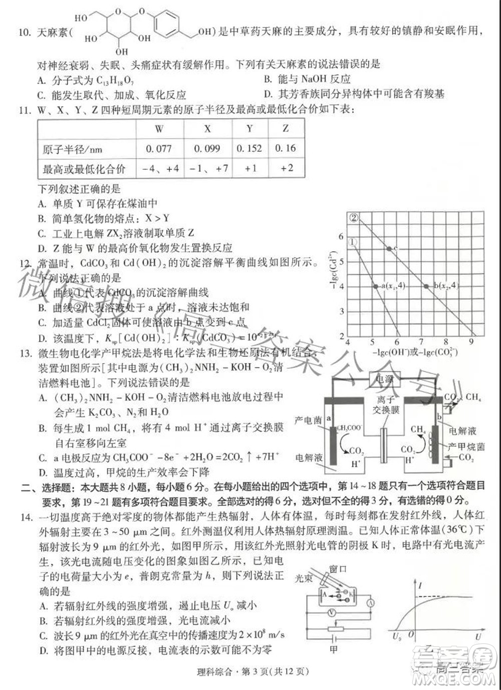 昆明市第一中學2022屆高中新課標高三第六次考前基礎強化理科綜合試題及答案