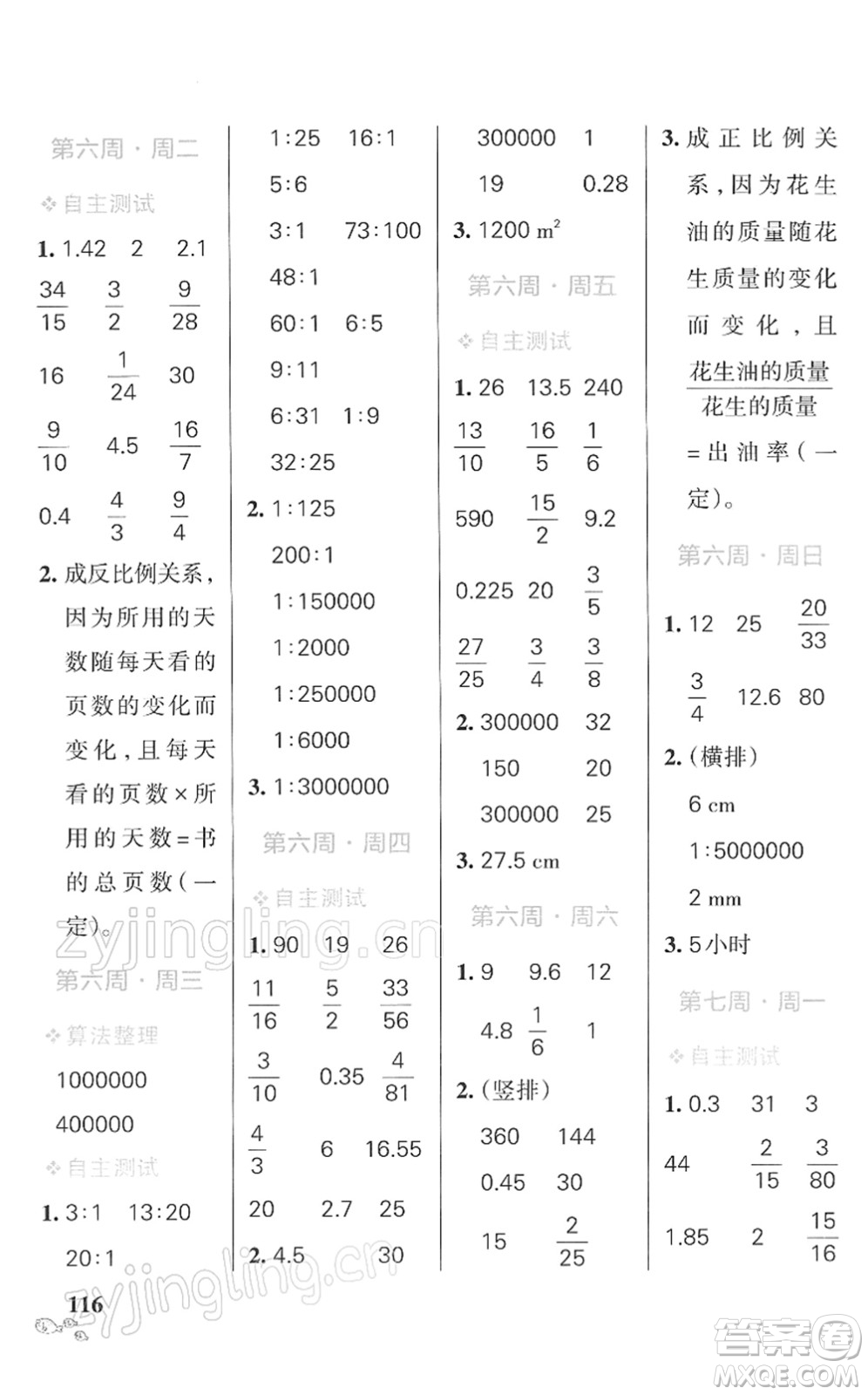 遼寧教育出版社2022小學學霸天天計算六年級數(shù)學下冊RJ人教版答案