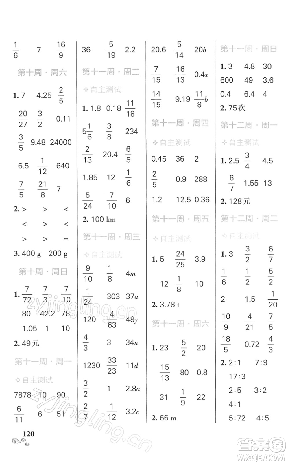 遼寧教育出版社2022小學學霸天天計算六年級數(shù)學下冊RJ人教版答案
