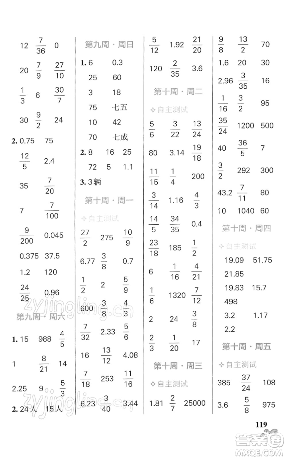 遼寧教育出版社2022小學學霸天天計算六年級數(shù)學下冊RJ人教版答案