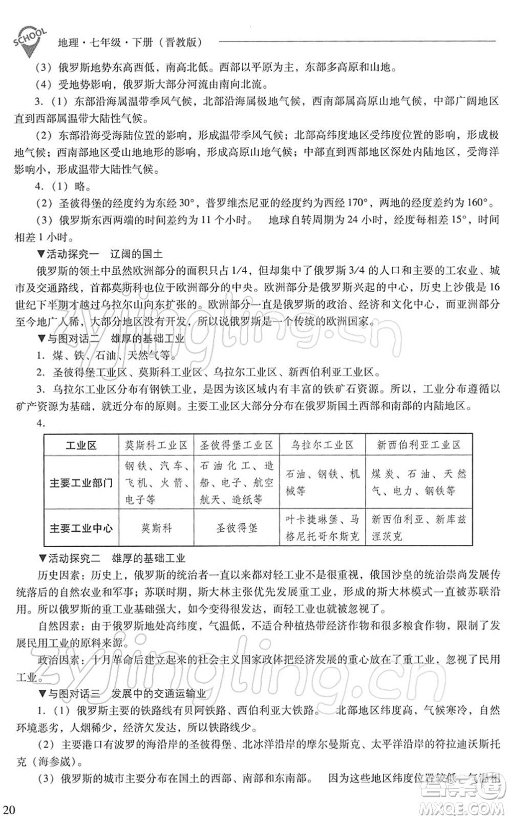 山西教育出版社2022新課程問題解決導學方案七年級地理下冊晉教版答案
