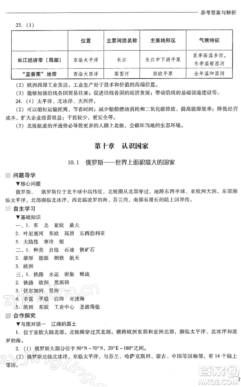 山西教育出版社2022新課程問題解決導學方案七年級地理下冊晉教版答案