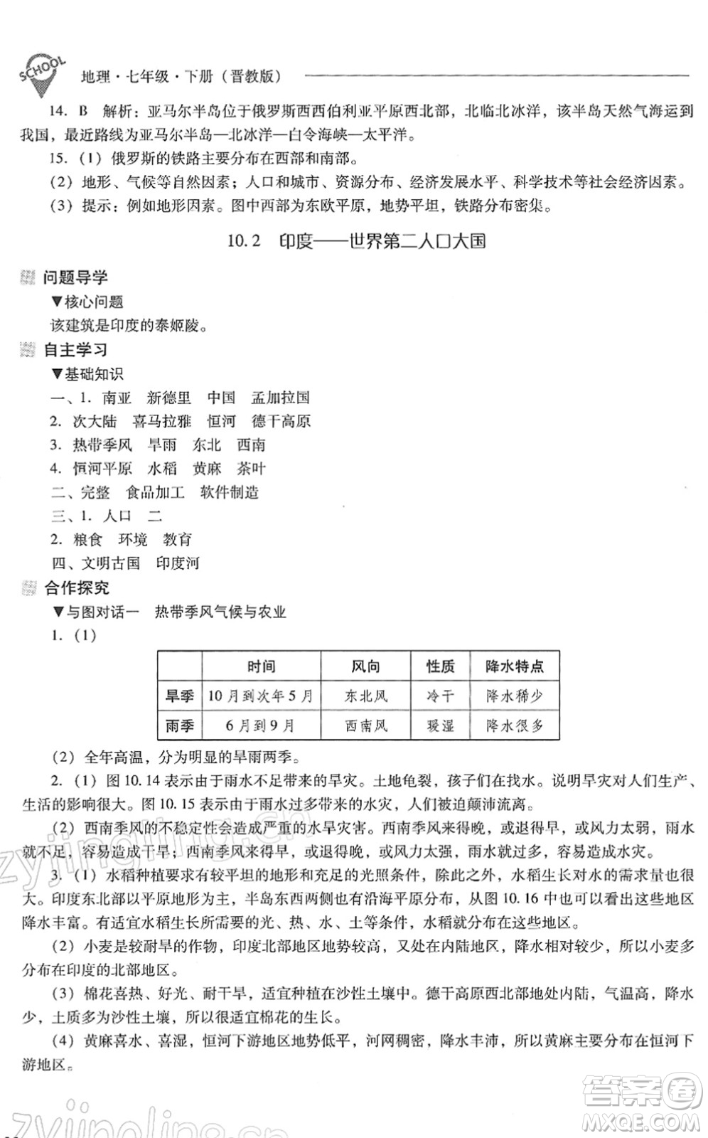 山西教育出版社2022新課程問題解決導學方案七年級地理下冊晉教版答案