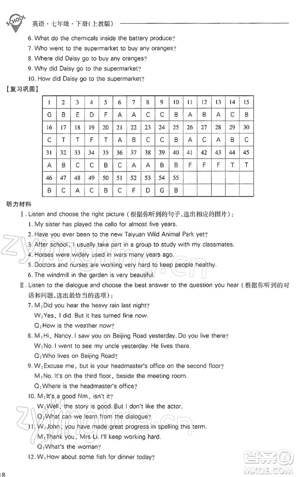 山西教育出版社2022新課程問(wèn)題解決導(dǎo)學(xué)方案七年級(jí)英語(yǔ)下冊(cè)上教版答案