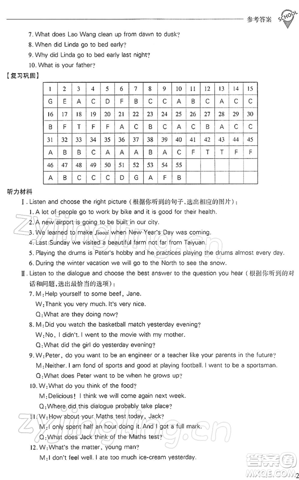 山西教育出版社2022新課程問(wèn)題解決導(dǎo)學(xué)方案七年級(jí)英語(yǔ)下冊(cè)上教版答案