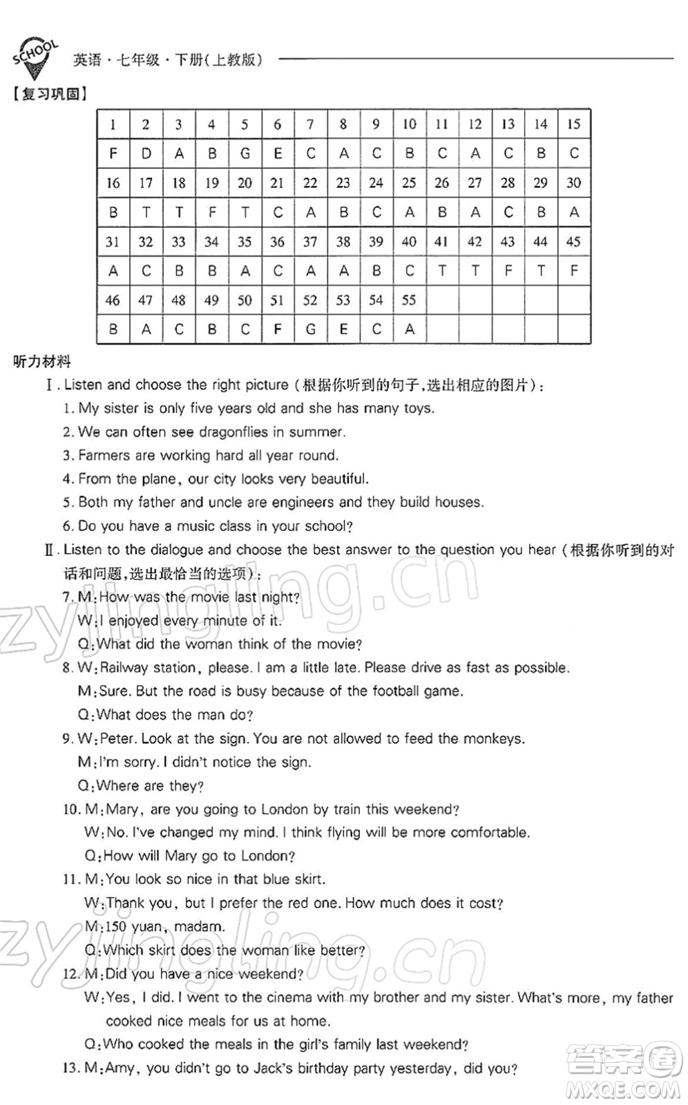 山西教育出版社2022新課程問(wèn)題解決導(dǎo)學(xué)方案七年級(jí)英語(yǔ)下冊(cè)上教版答案