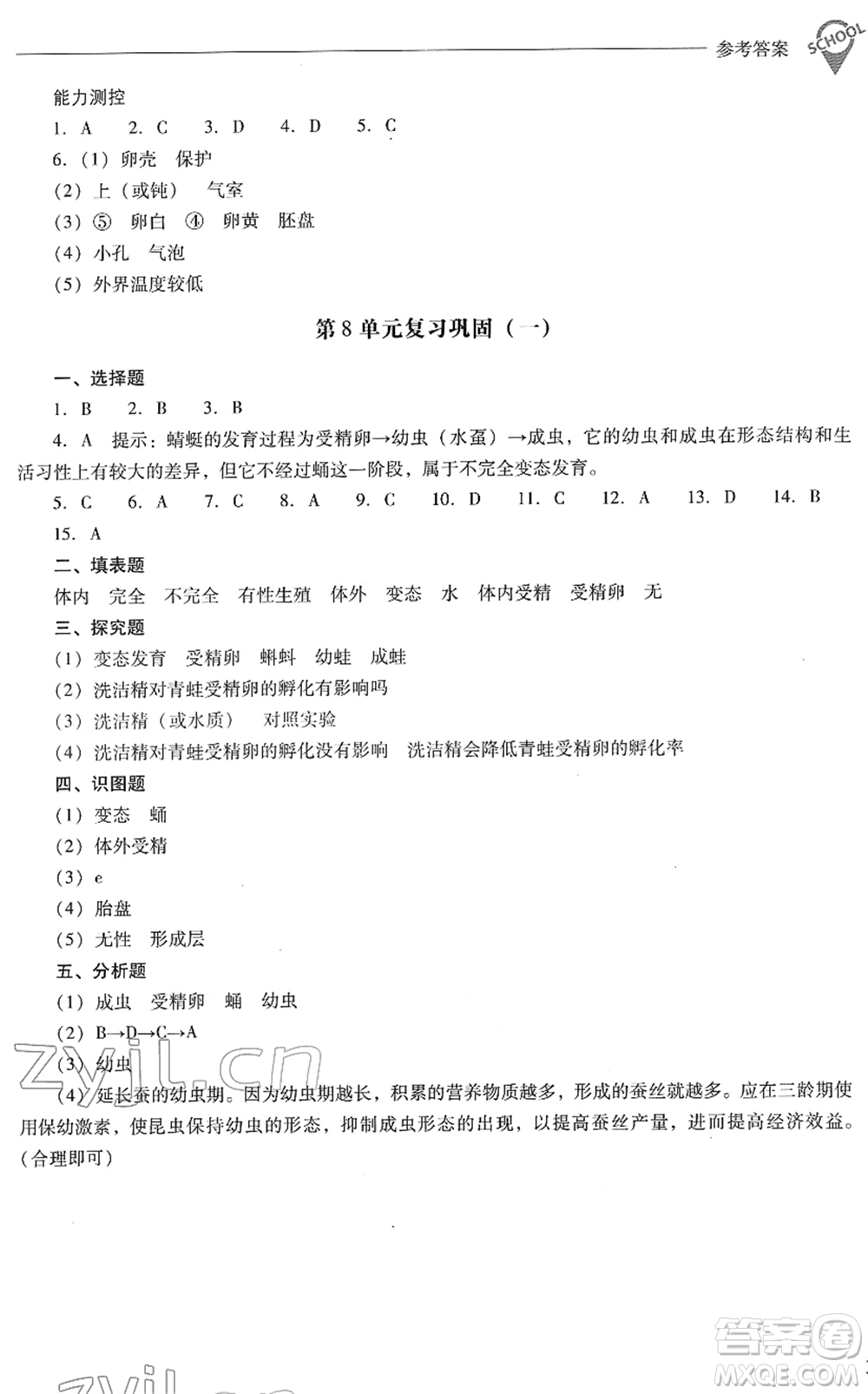 山西教育出版社2022新課程問題解決導學方案八年級生物下冊鳳凰版答案