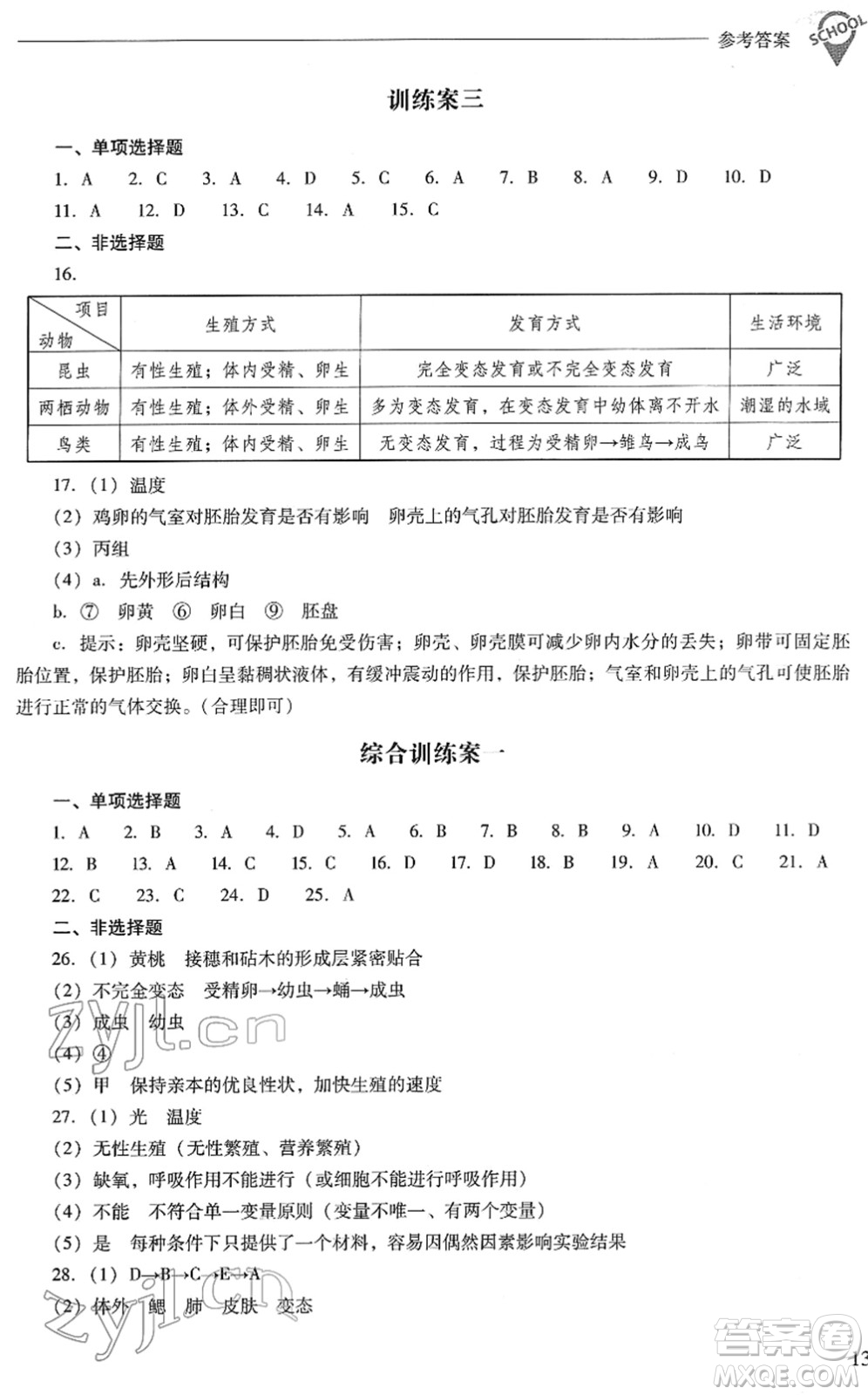 山西教育出版社2022新課程問題解決導學方案八年級生物下冊鳳凰版答案