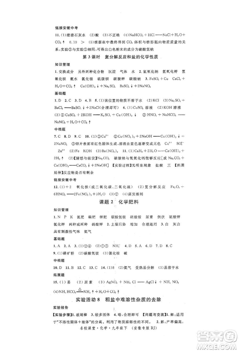 安徽師范大學(xué)出版社2022名校課堂背記手冊九年級化學(xué)下冊人教版安徽專版參考答案