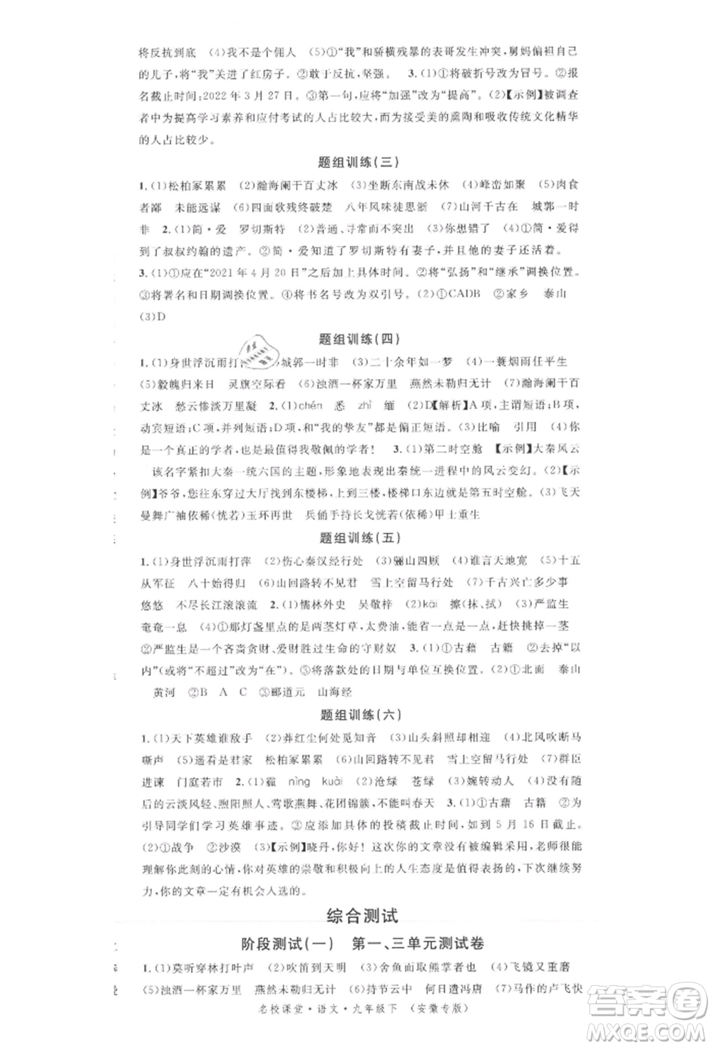 安徽師范大學(xué)出版社2022名校課堂晨讀手冊(cè)九年級(jí)語(yǔ)文下冊(cè)人教版安徽專版參考答案