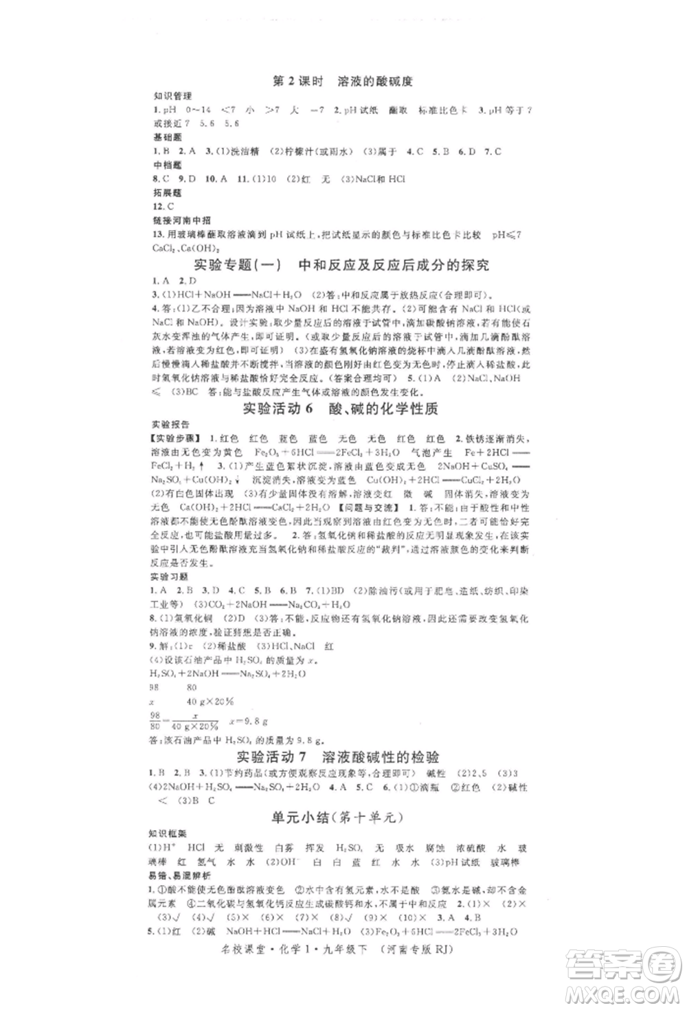 開明出版社2022名校課堂背記手冊(cè)九年級(jí)化學(xué)下冊(cè)人教版河南專版參考答案