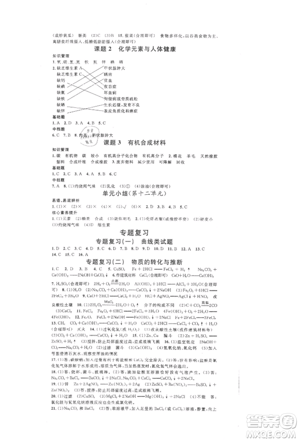 開明出版社2022名校課堂背記手冊(cè)九年級(jí)化學(xué)下冊(cè)人教版河南專版參考答案