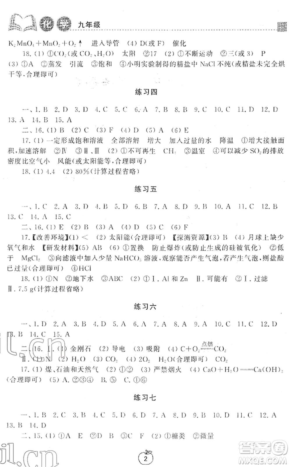譯林出版社2022寒假學(xué)習(xí)生活九年級(jí)化學(xué)提優(yōu)版人教版答案
