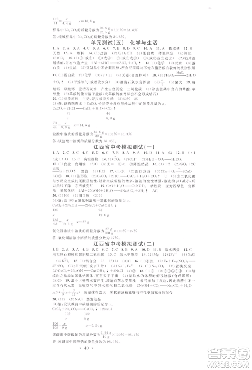 廣東經(jīng)濟(jì)出版社2022名校課堂課堂筆記本九年級(jí)化學(xué)下冊(cè)人教版江西專版參考答案