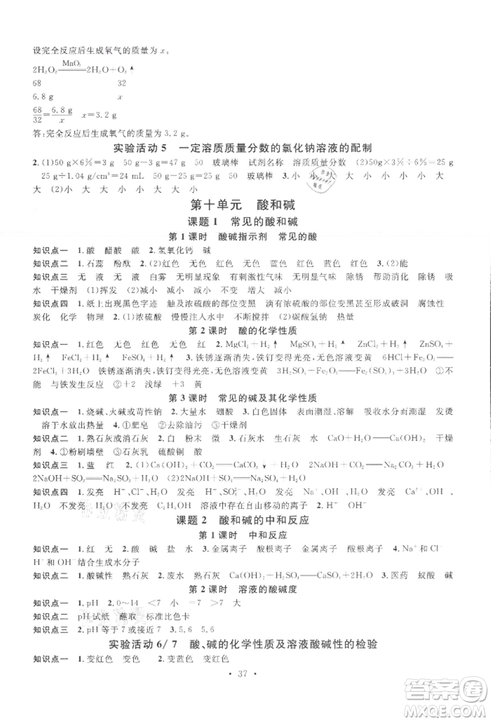 廣東經(jīng)濟(jì)出版社2022名校課堂課堂筆記本九年級(jí)化學(xué)下冊(cè)人教版江西專版參考答案