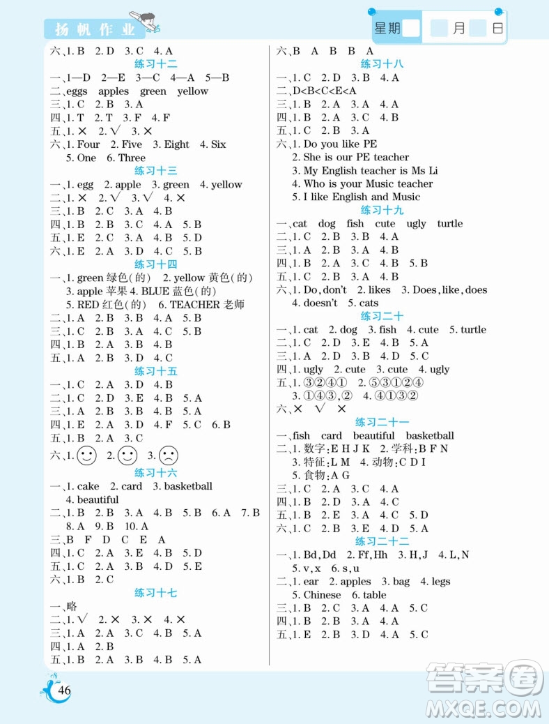 陽光出版社2022假期天天練寒假三年級英語XL湘魯版答案