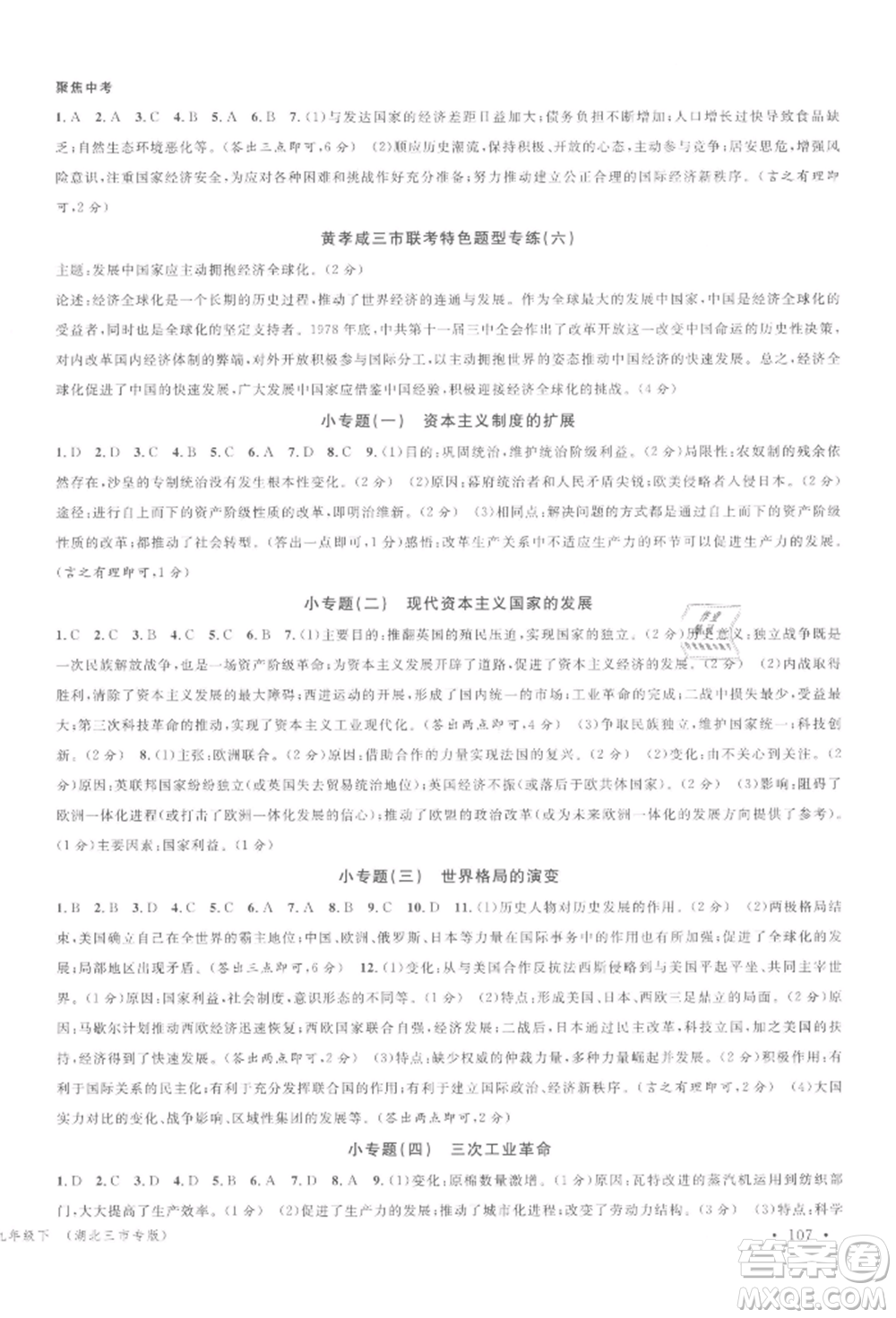 廣東經(jīng)濟(jì)出版社2022名校課堂背記手冊(cè)九年級(jí)歷史下冊(cè)人教版湖北三市專版參考答案