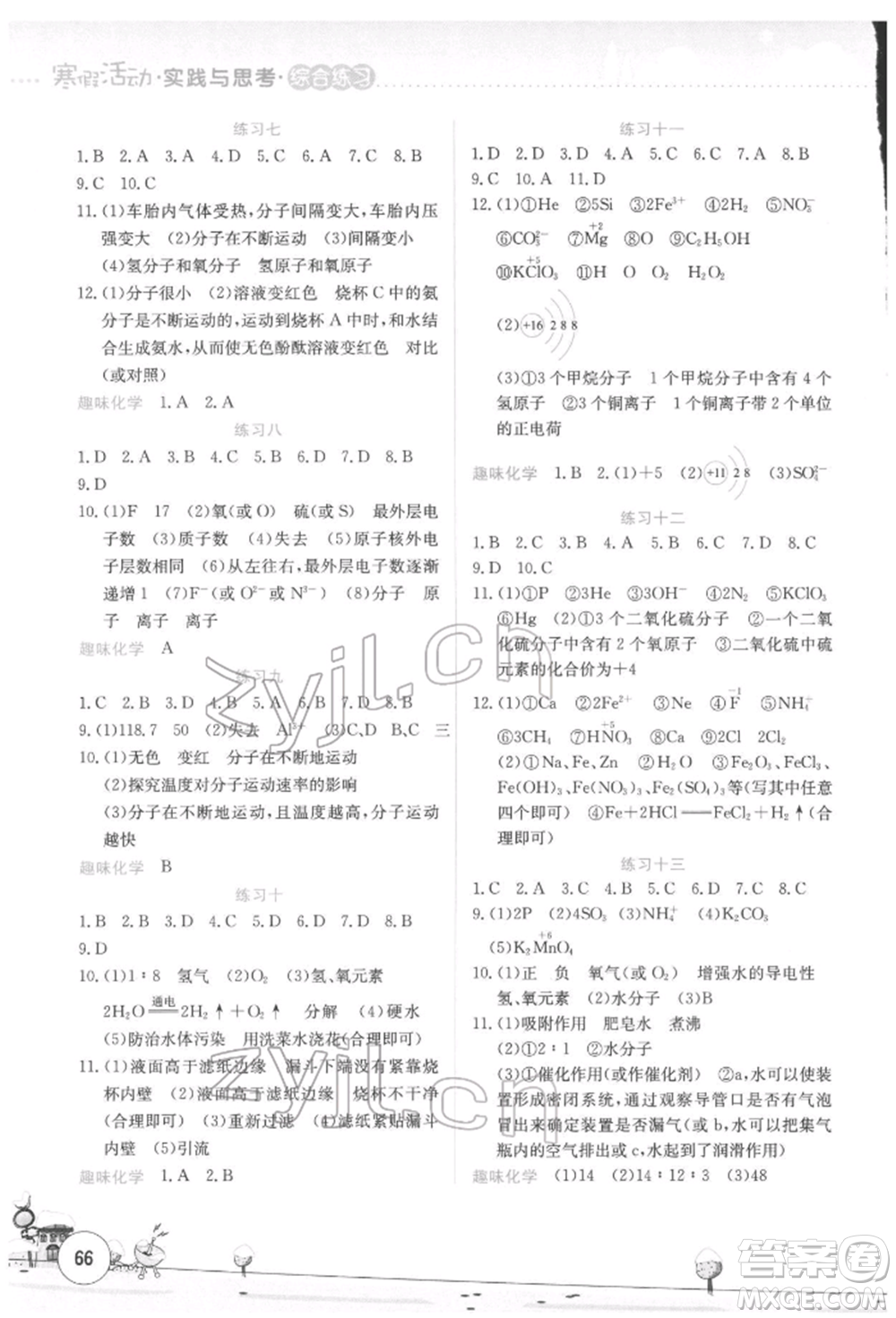 云南大學(xué)出版社2022寒假活動(dòng)實(shí)踐與思考綜合練習(xí)九年級(jí)化學(xué)通用版參考答案