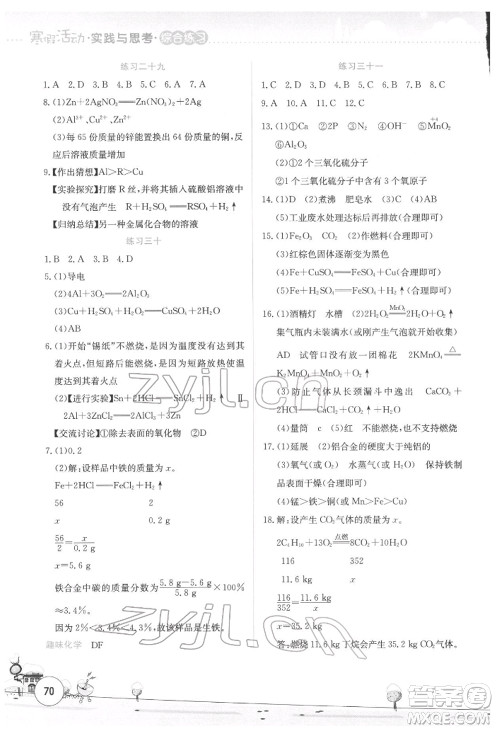 云南大學(xué)出版社2022寒假活動(dòng)實(shí)踐與思考綜合練習(xí)九年級(jí)化學(xué)通用版參考答案