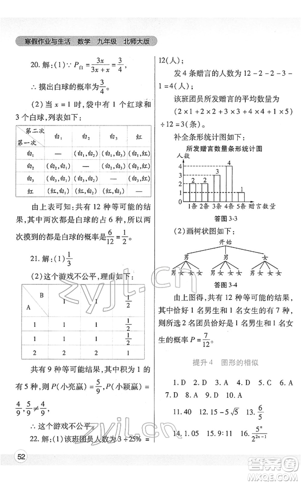 陜西師范大學(xué)出版總社2022寒假作業(yè)與生活九年級數(shù)學(xué)北師大版答案