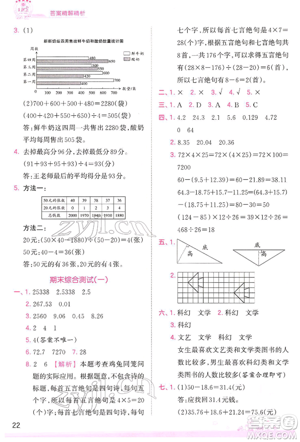 江西人民出版社2022王朝霞創(chuàng)維新課堂同步優(yōu)化訓練四年級下冊數(shù)學人教版參考答案