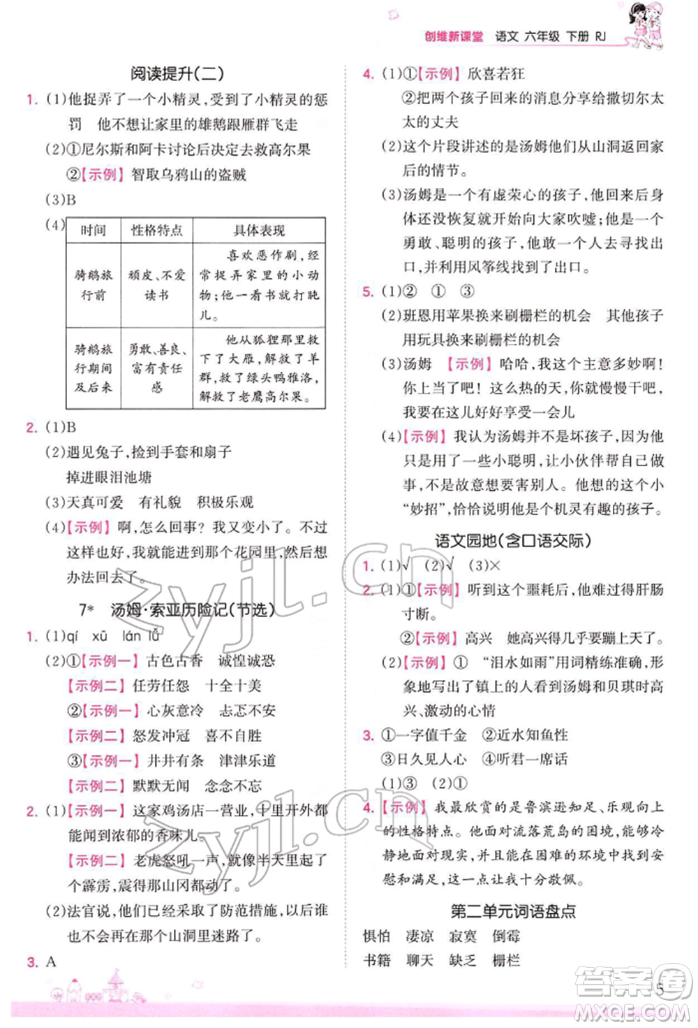 江西人民出版社2022王朝霞創(chuàng)維新課堂同步優(yōu)化訓(xùn)練六年級下冊語文人教版參考答案