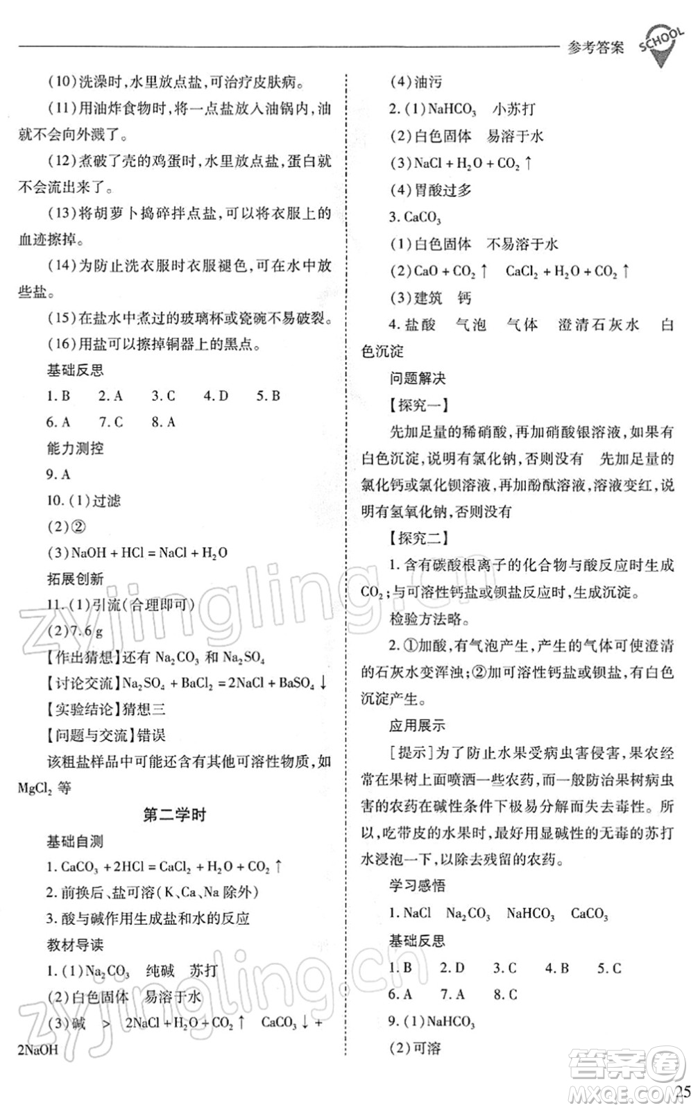 山西教育出版社2022新課程問題解決導(dǎo)學(xué)方案九年級化學(xué)下冊人教版答案