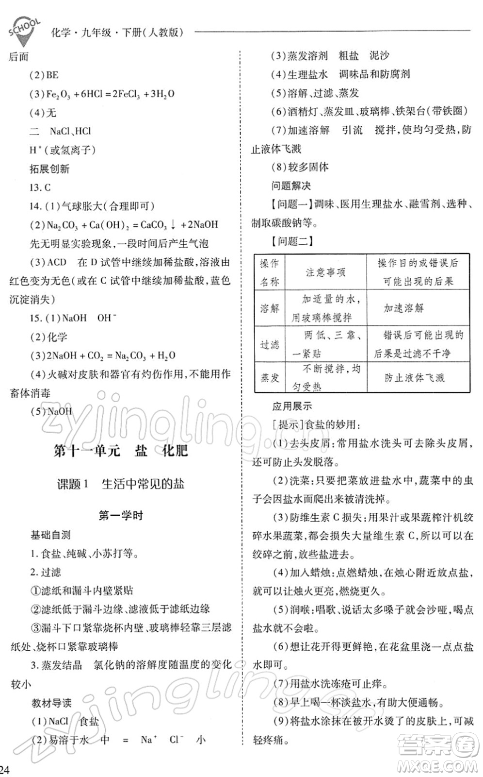 山西教育出版社2022新課程問題解決導(dǎo)學(xué)方案九年級化學(xué)下冊人教版答案