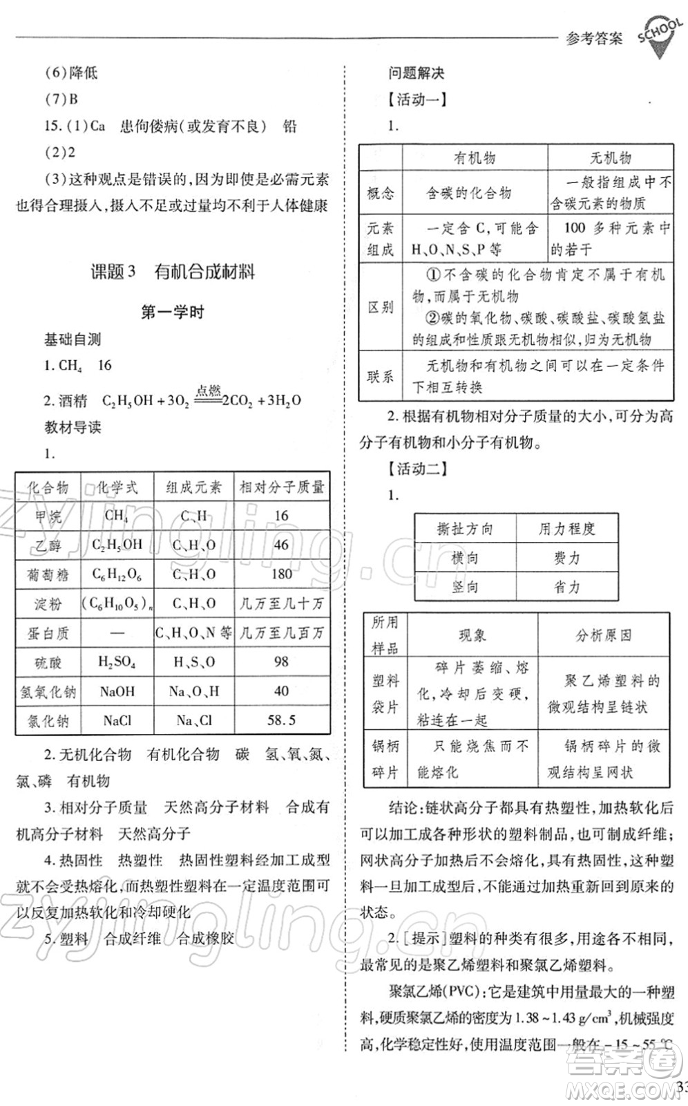 山西教育出版社2022新課程問題解決導(dǎo)學(xué)方案九年級化學(xué)下冊人教版答案