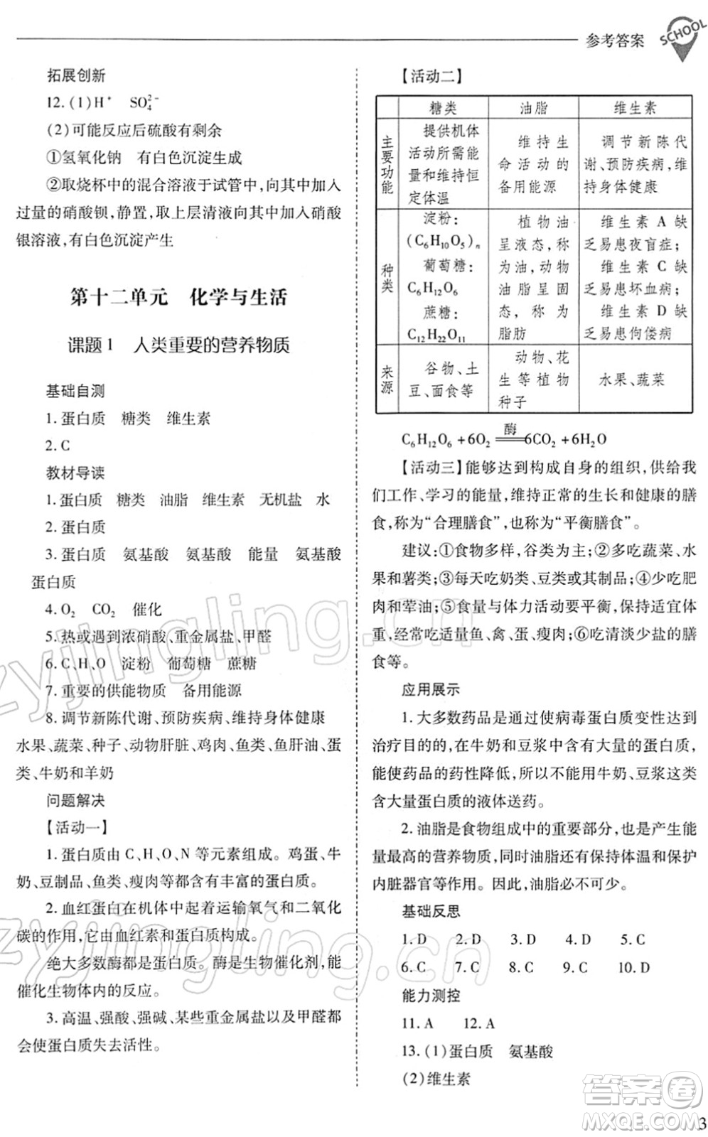 山西教育出版社2022新課程問題解決導(dǎo)學(xué)方案九年級化學(xué)下冊人教版答案
