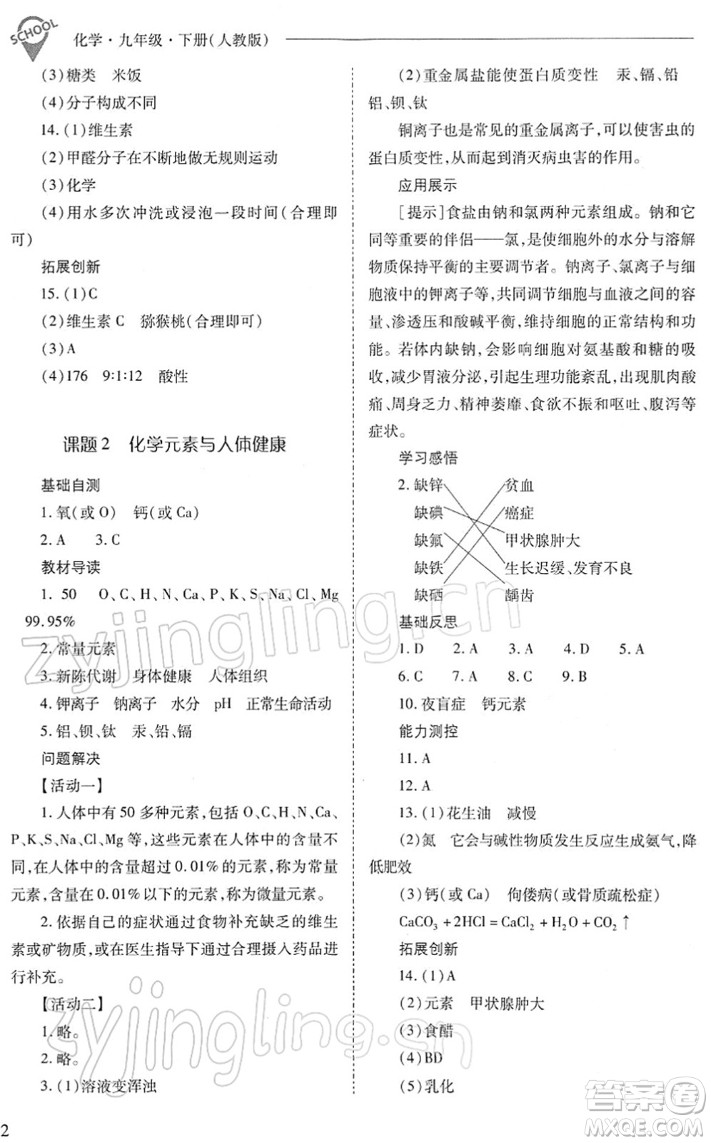 山西教育出版社2022新課程問題解決導(dǎo)學(xué)方案九年級化學(xué)下冊人教版答案