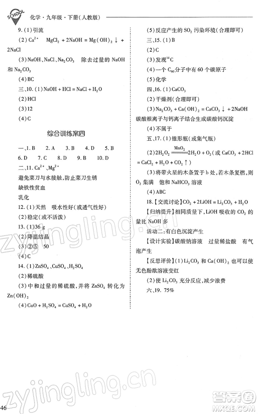 山西教育出版社2022新課程問題解決導(dǎo)學(xué)方案九年級化學(xué)下冊人教版答案