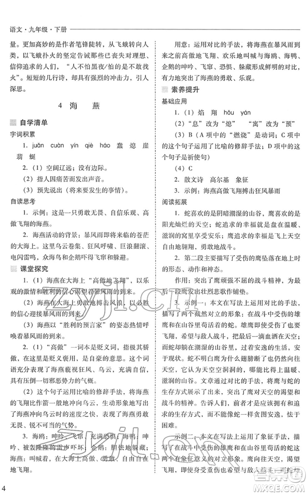 山西教育出版社2022新課程問題解決導(dǎo)學(xué)方案九年級語文下冊人教版答案