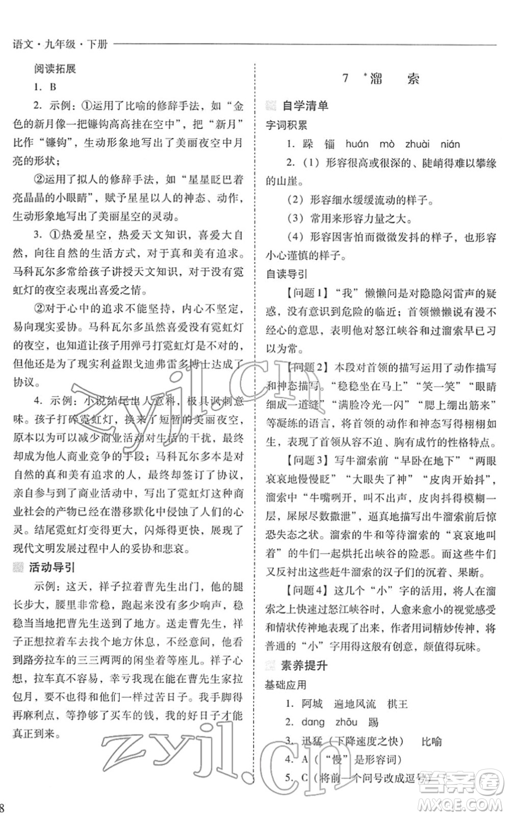山西教育出版社2022新課程問題解決導(dǎo)學(xué)方案九年級語文下冊人教版答案