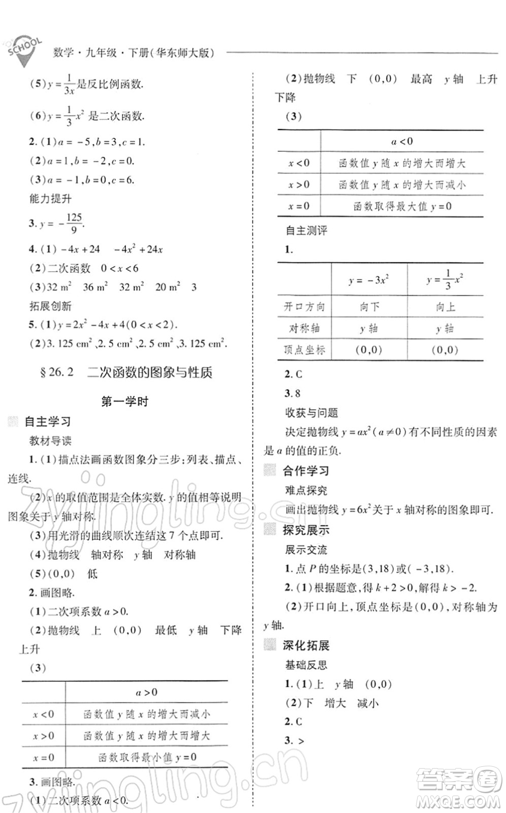 山西教育出版社2022新課程問題解決導學方案九年級數(shù)學下冊華東師大版答案