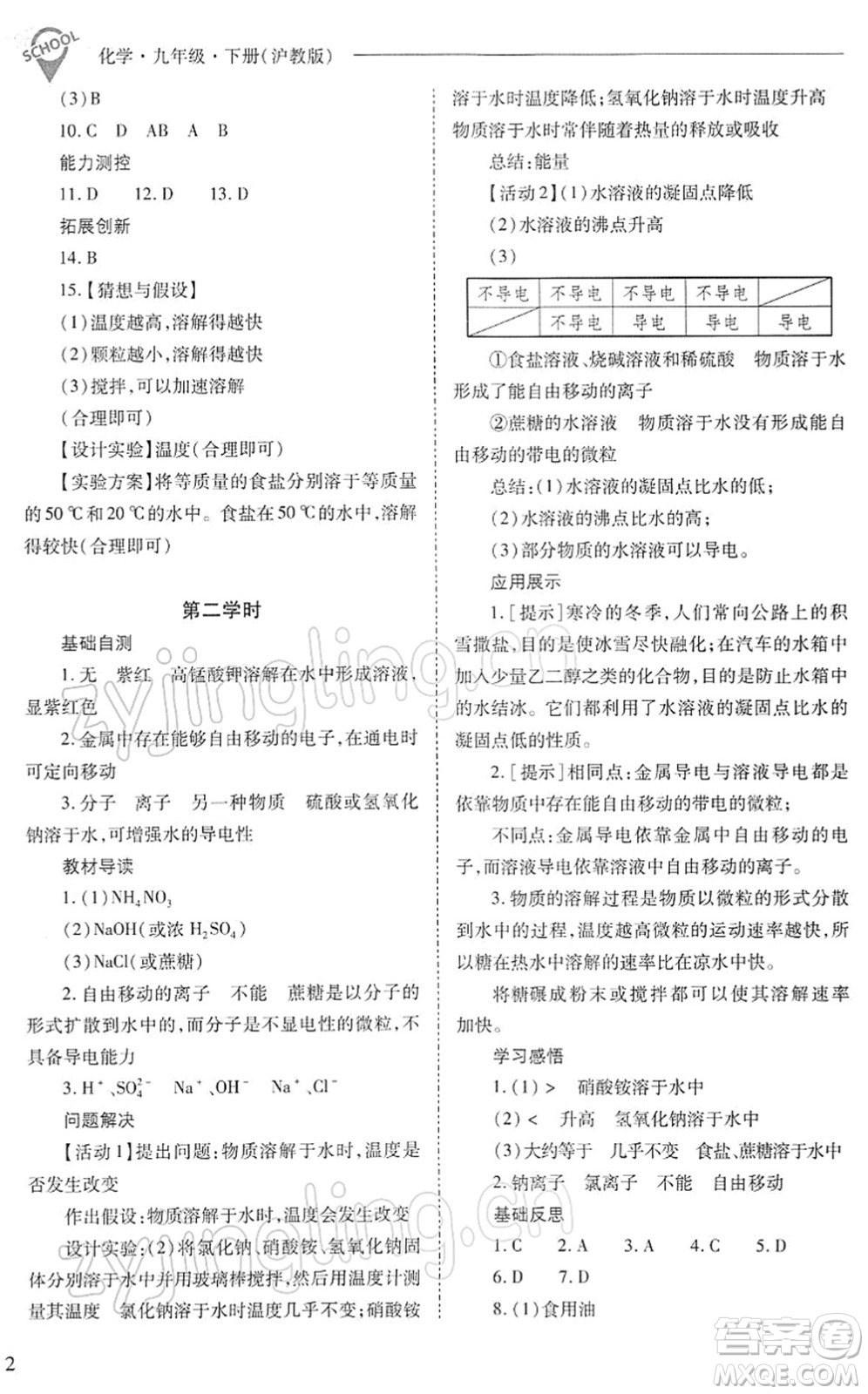 山西教育出版社2022新課程問題解決導(dǎo)學(xué)方案九年級化學(xué)下冊滬教版答案