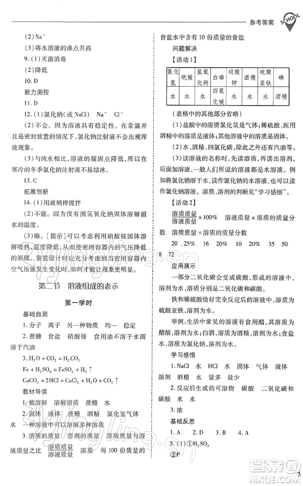 山西教育出版社2022新課程問題解決導(dǎo)學(xué)方案九年級化學(xué)下冊滬教版答案