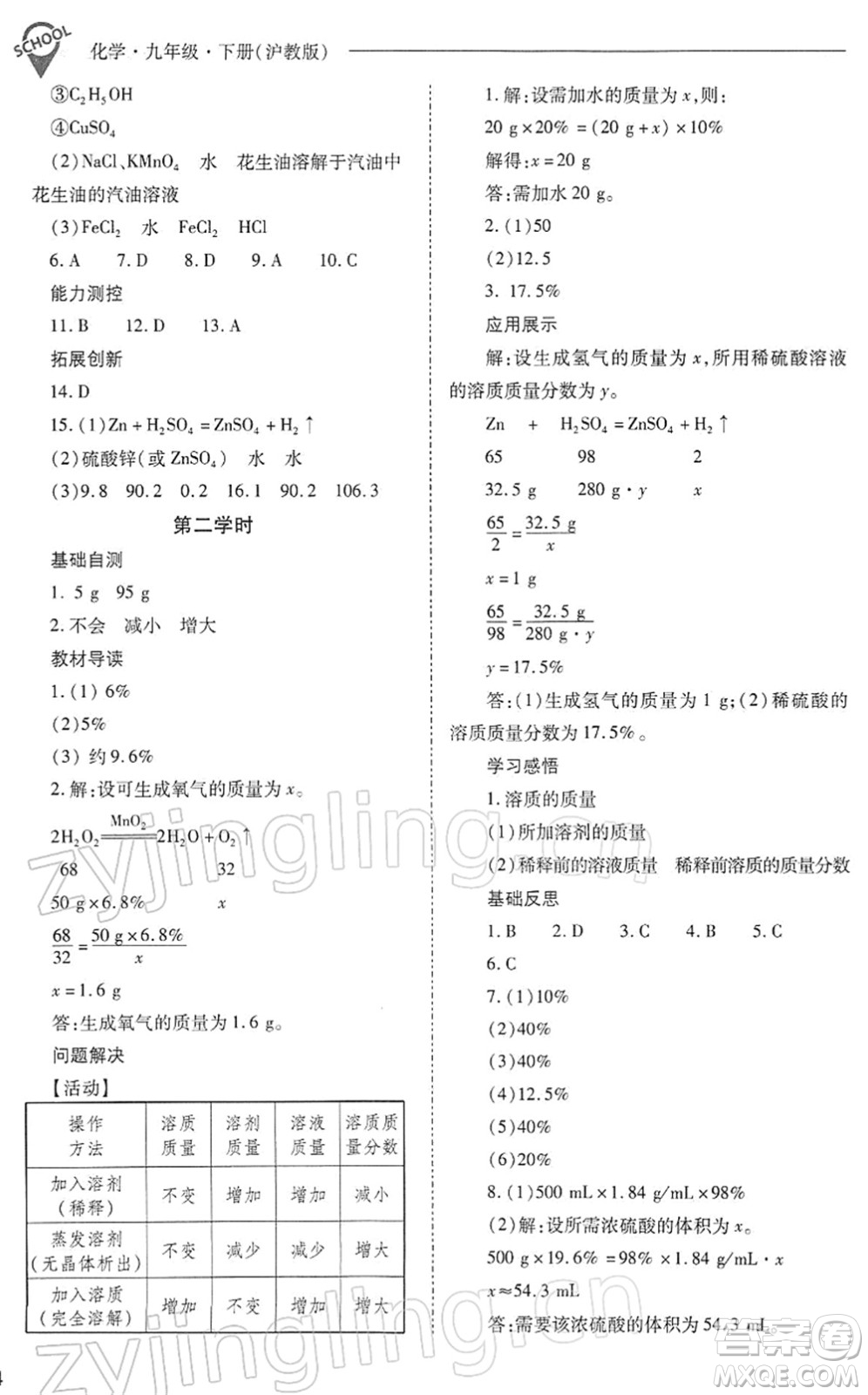 山西教育出版社2022新課程問題解決導(dǎo)學(xué)方案九年級化學(xué)下冊滬教版答案