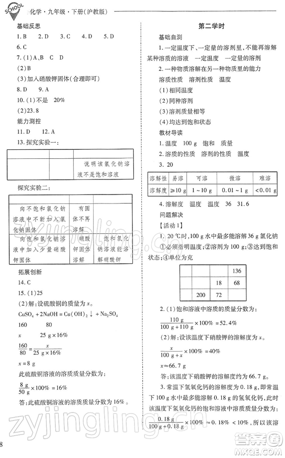 山西教育出版社2022新課程問題解決導(dǎo)學(xué)方案九年級化學(xué)下冊滬教版答案