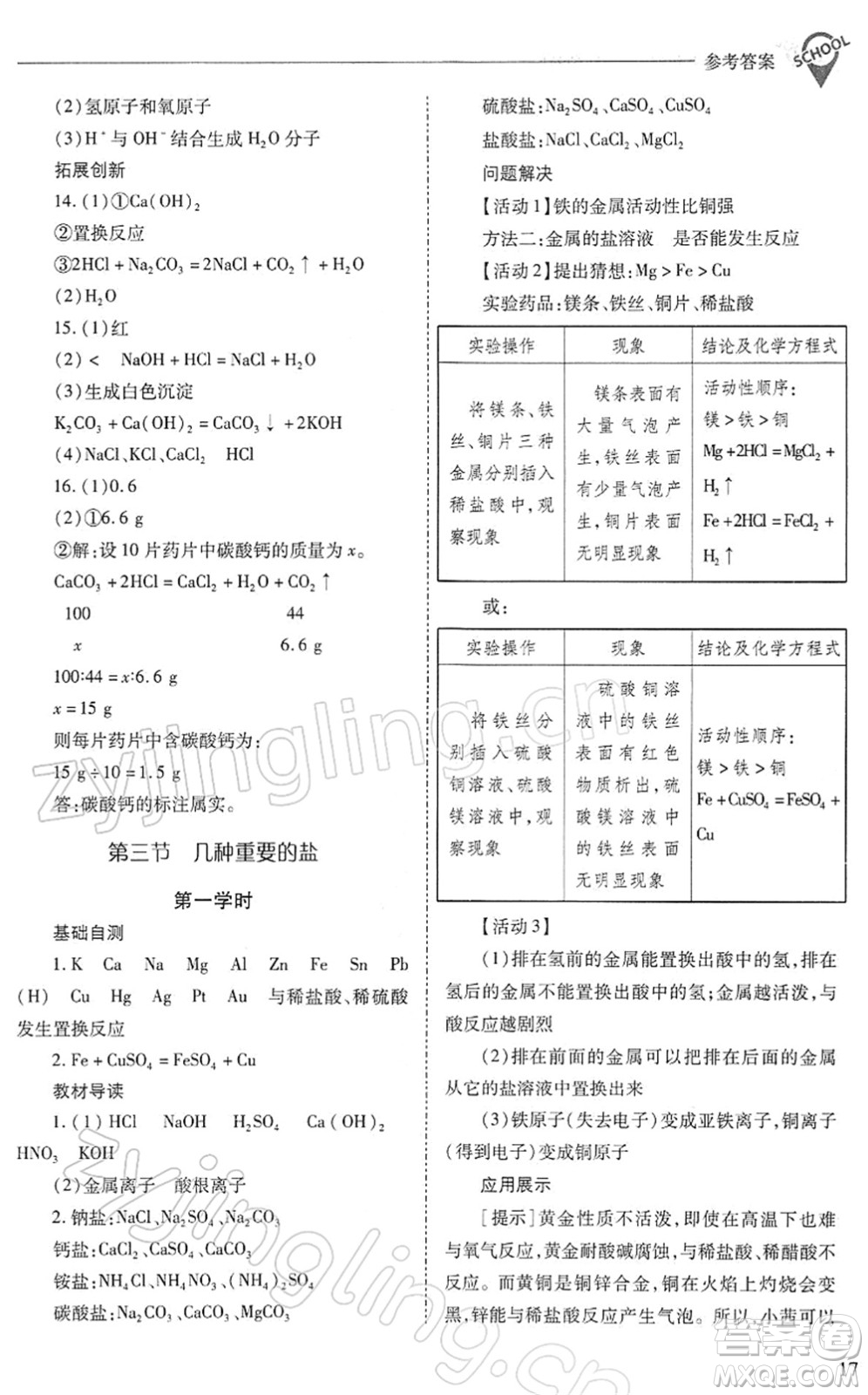 山西教育出版社2022新課程問題解決導(dǎo)學(xué)方案九年級化學(xué)下冊滬教版答案