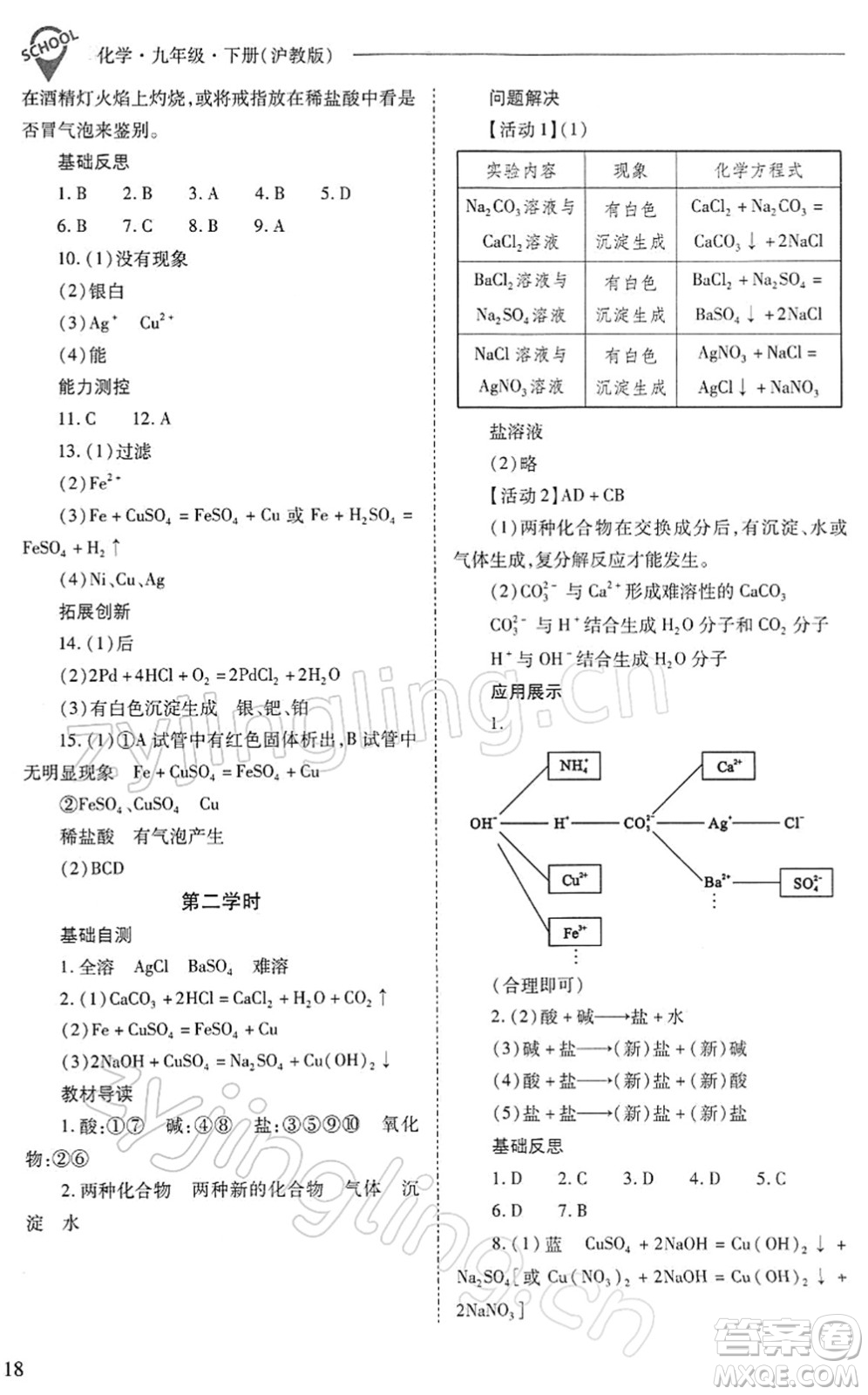 山西教育出版社2022新課程問題解決導(dǎo)學(xué)方案九年級化學(xué)下冊滬教版答案