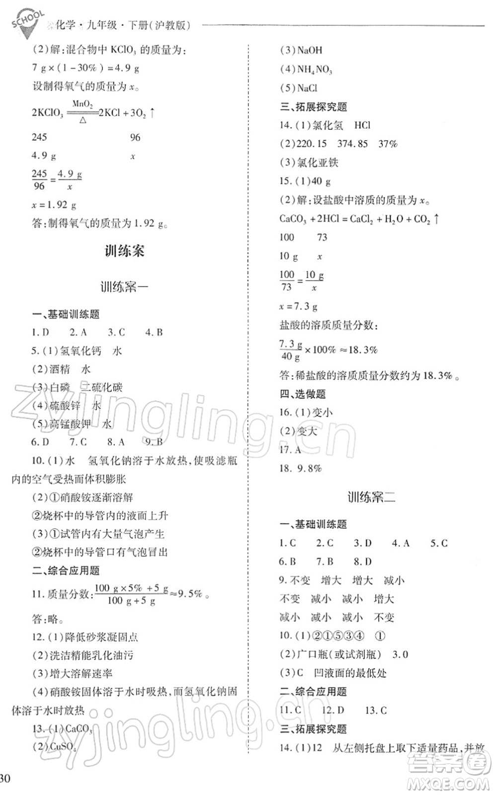 山西教育出版社2022新課程問題解決導(dǎo)學(xué)方案九年級化學(xué)下冊滬教版答案