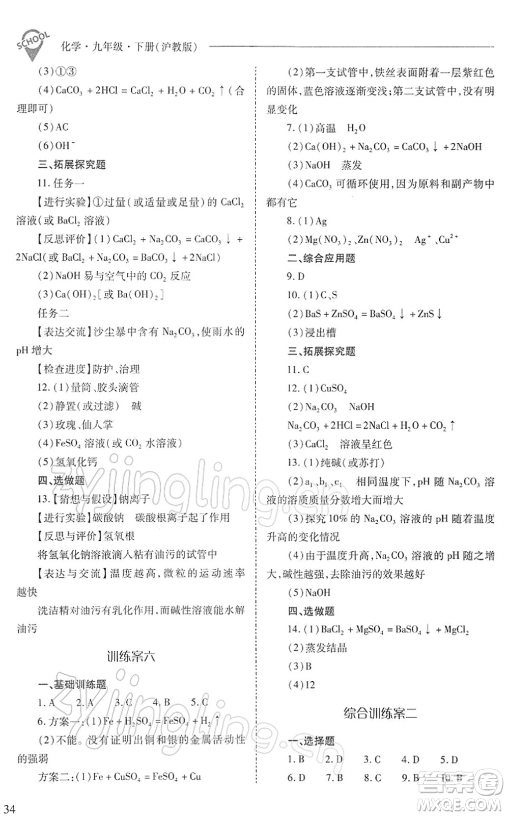 山西教育出版社2022新課程問題解決導(dǎo)學(xué)方案九年級化學(xué)下冊滬教版答案