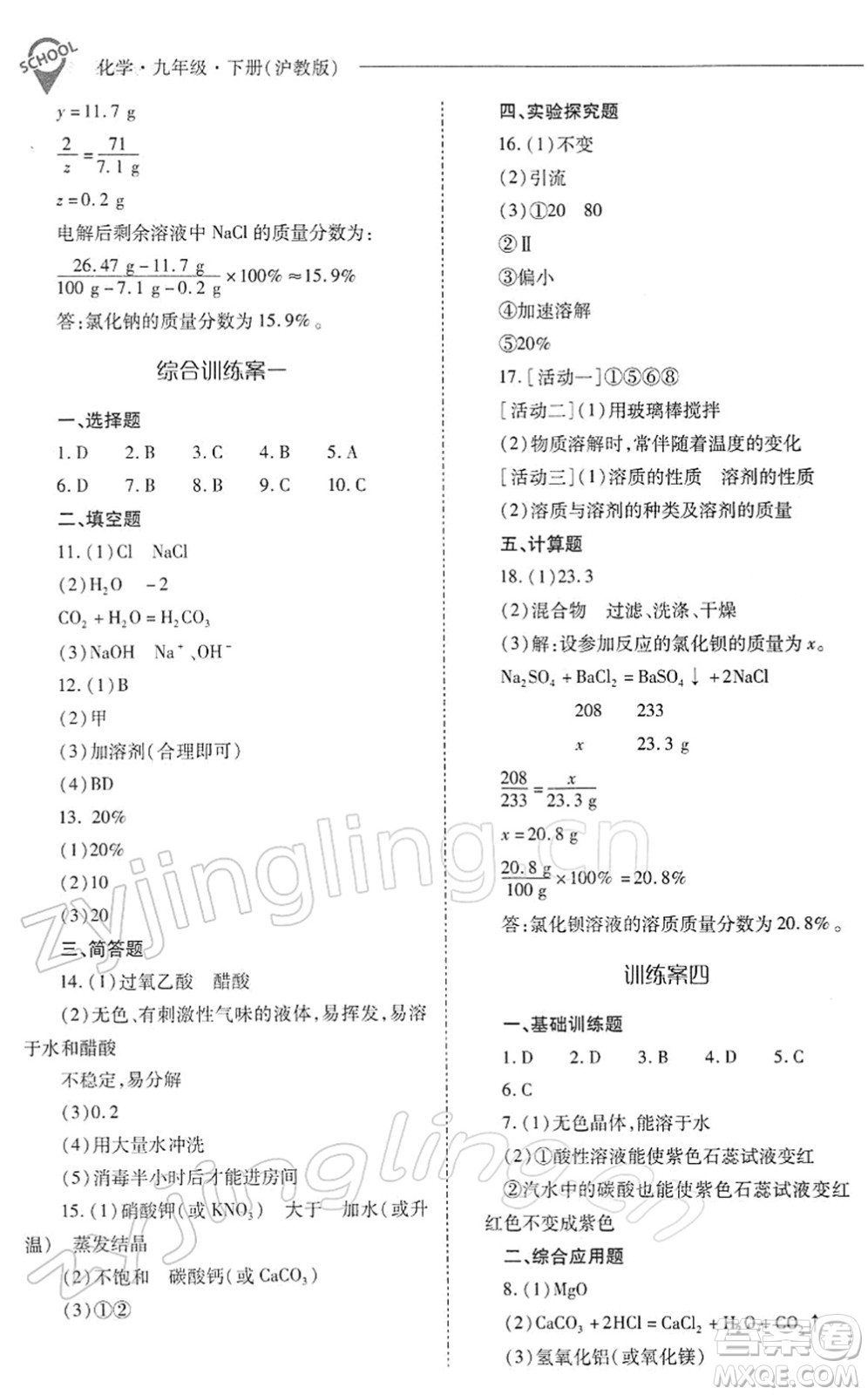 山西教育出版社2022新課程問題解決導(dǎo)學(xué)方案九年級化學(xué)下冊滬教版答案