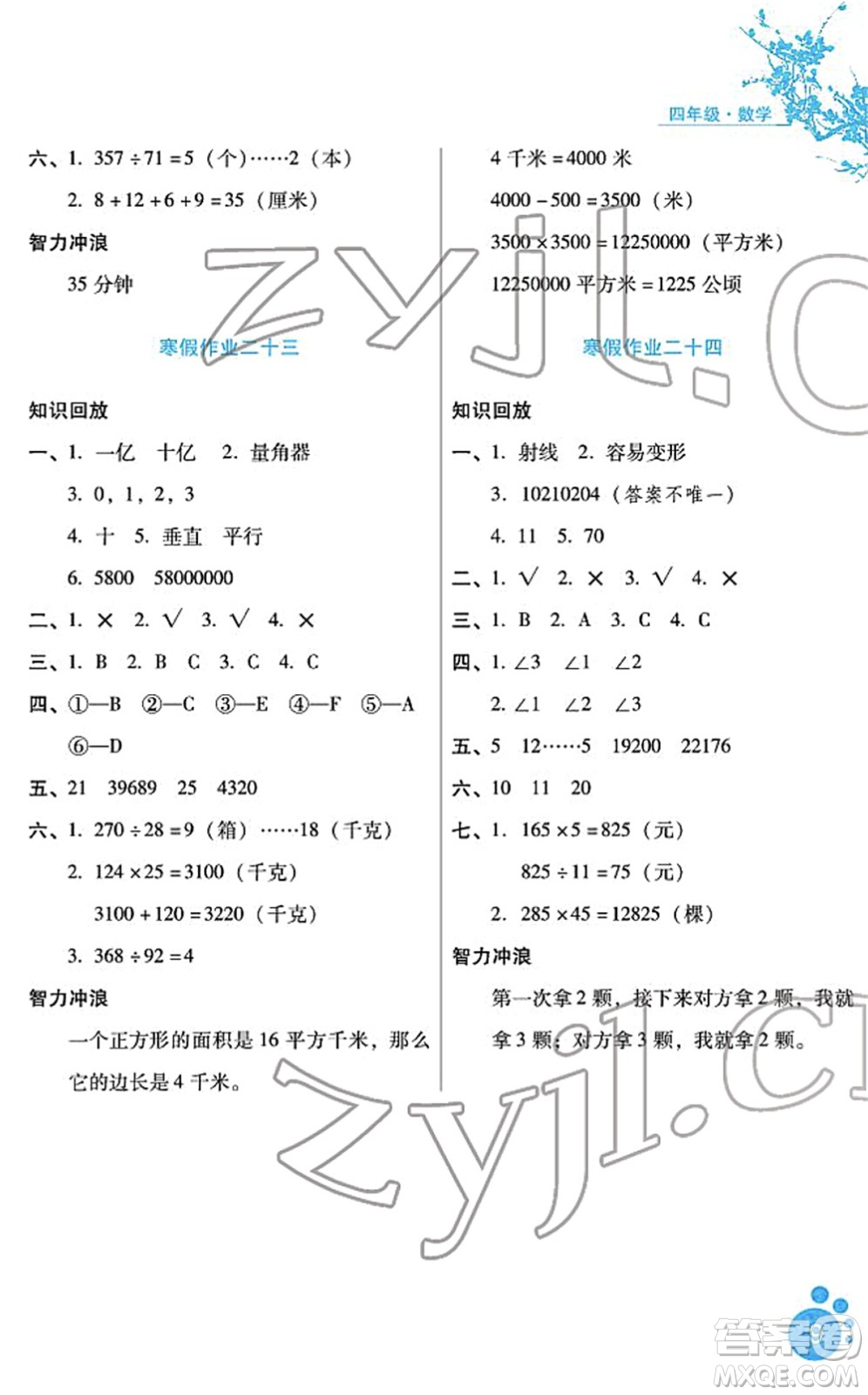 河北少年兒童出版社2022寒假生活四年級數(shù)學通用版答案