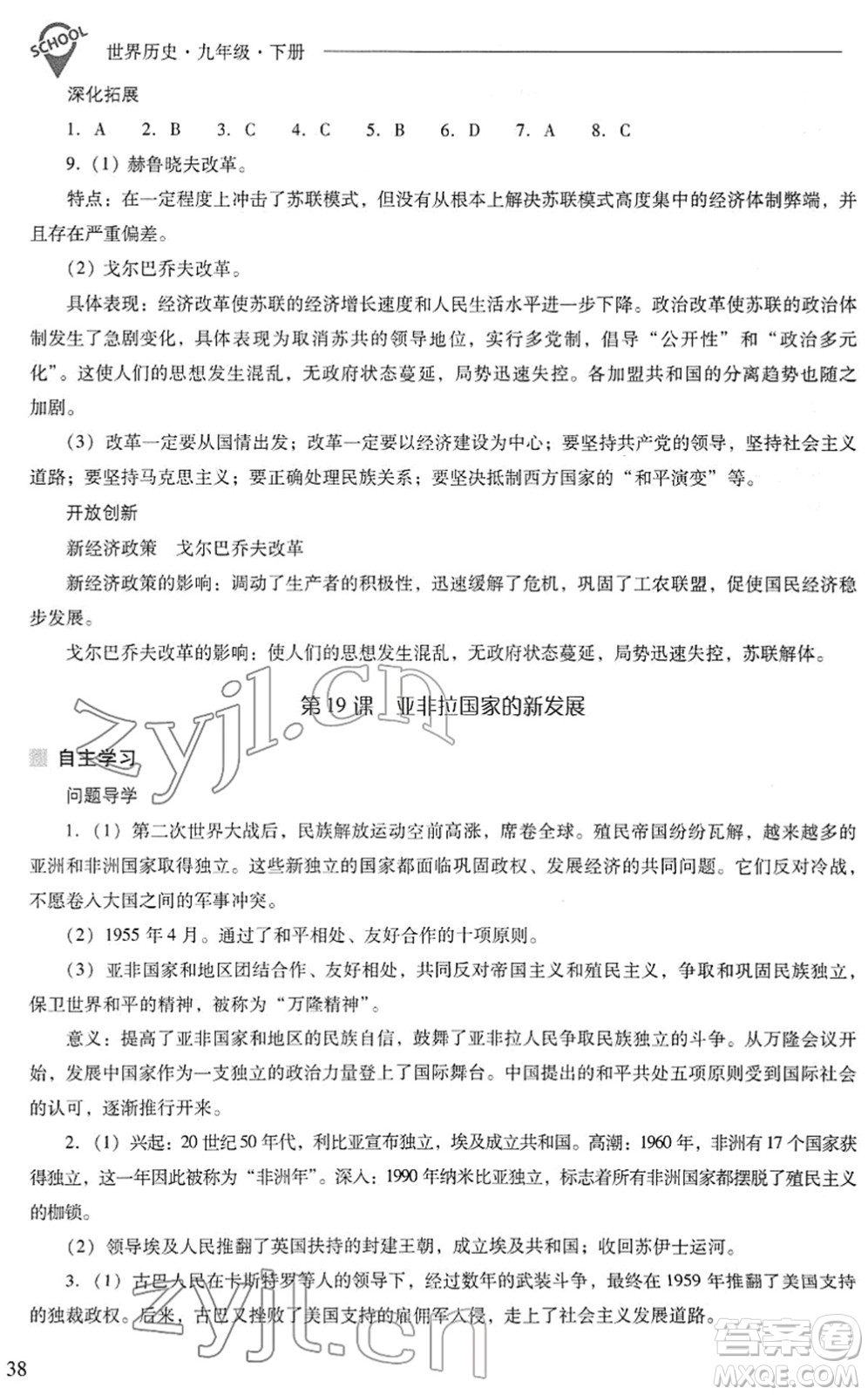 山西教育出版社2022新課程問題解決導(dǎo)學(xué)方案九年級(jí)歷史下冊(cè)人教版答案